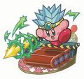 Artwork of the Spark Arrow card from Kirby no Copy-toru!, featuring a Squeaky Hammer Machine in the background.