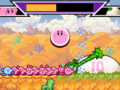 A turnip appears after the Flickerfloof waters a dying sprout. The Kirbys must now destroy it for a Medal.