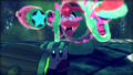 Picture of the postgame credits of Kirby and the Forgotten Land, showing Hammer Kirby battling Phantom King Dedede