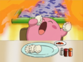 Kirby casually enjoys ultra-hot dumplings while everyone else spouts flames.