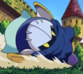 Meta Knight using a slide attack in Kirby: Right Back at Ya!