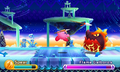 Spear Kirby fighting Flame Galboros in Kirby: Triple Deluxe
