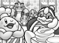 Kawasaki attempts to rid the place of Dedede by urging him to set off for the fruits, in Kirby and the Big Panic in Gloomy Woods!.