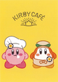 Kirby and Waddle Dee alongside the Kirby Café's logo