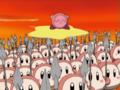 Kirby flying over an army of spear-wielding Waddle Dees in Waddle While You Work