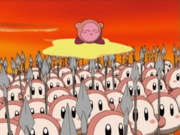 Kirby flying over an army of spear-wielding Waddle Dees in Waddle While You Work