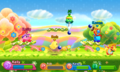 Miiverse screenshot of gameplay in Kirby Fighters, showing a yellow Ghost Kirby on the field