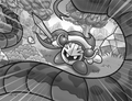 Illustration of Meta Knight battling the Giant Snake from Kirby: Meta Knight and the Knight of Yomi