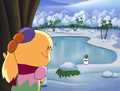 Tiff watches Kirby on an icy pond with Chilly.