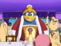 King Dedede rallies the crazed mob who want to eat Kirby.