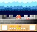 King Dedede is defeated, collapsing at the middle of the tower.