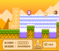 Kirby takes a shot at a Slippy as he leaps across the pillars over the water.