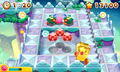 A Key Dee running by with a gold score coin in Kirby's Blowout Blast