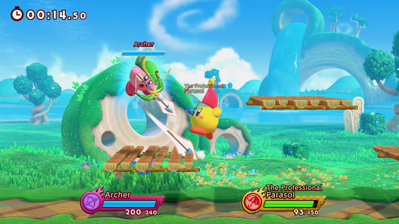 File:KF2 Archer Kirby battling Parasol Kirby screenshot.png