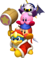 Kirby, Meta Knight, and Bandana Waddle Dee riding King Dedede