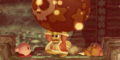 Extra Mode credits picture from Kirby's Return to Dream Land, featuring Kirby and Bandana Waddle Dee watching King Dedede carry a Balloon Bomb