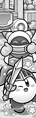 Illustration of Magolor letting Kirby try the Sworsman's Set from Kirby Clash Team Unite!.