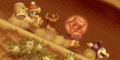 Extra Mode credits picture from Kirby's Return to Dream Land, featuring Stone Kirby and co. going down a slope