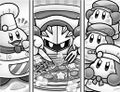 Illustration of Bandana Waddle Dee seeing Meta Knight try Chef Kawasaki's pizza from Kirby: Uproar at the Kirby Café?!.