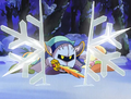 Meta Knight protects Tiff and Tuff from Ice Dragon's attack.