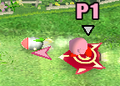 Kirby travels behind the homing missile.