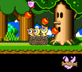 Kirby feeding Dyna Blade's three chicks using Whispy Woods' apples in Kirby Super Star