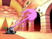 The robot unleashing its laser attack