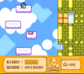 Kirby leaps up a series of cloud steps on the side of the tower.