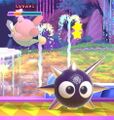 Kirby getting hit by an activated Gordo Ball in Kirby Fighters 2
