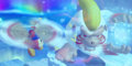 Main Mode credits picture from Kirby's Return to Dream Land, featuring Bandana Waddle Dee fighting Goriath