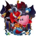 Artwork of Kirby fighting Daroach at one of the Squeaks' hideouts in Kirby: Squeak Squad