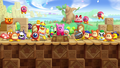 Shot of Kirby and a bunch of his friends and foes waving at the player at the end of the credits sequence