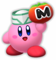 Café-Staff Kirby holding a Maxim Tomato from Kirby and the Forgotten Land