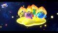 Kirby and three Burning Leos riding a Warp Star in the ending of Kirby Star Allies