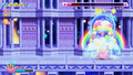 Kirby attacks Dubior using the Rainbow Rain attack.