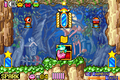Screenshot from one of the hub rooms in Kirby & The Amazing Mirror, featuring two Copy Essences