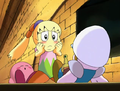 Kirby, Vee, and Tiff recover from one of King Dedede's trap doors.