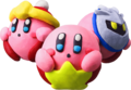 Artwork of Kirby with each of the amiibo power-up costumes in Kirby and the Rainbow Curse