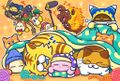 Galbel appears in this illustration from the Kirby JP Twitter, with its arms around Kirby as it sleeps.