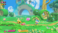 Kirby tosses a Friend Heart to a Poppy Bros. Jr. to befriend him