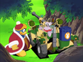 King Dedede and Escargoon huddled around the Armored Vehicle with Tokkori
