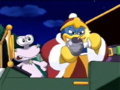 King Dedede sabotages his own plan by tossing Kirby a bomb wrapped in bandages.
