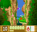 Kirby climbs vines along tight cliffs in a verdant Mesozoic-like jungle