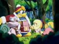 Tiff scolds King Dedede for leaving a cut on one of the trees.