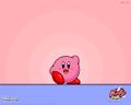 Promotional wallpaper with a waving Kirby