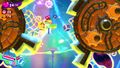 Kirby and co. maneuver around obstacles with teh Friend Star in Dimension IV