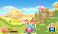 Kirby destroys some stone Blocks with a 3D Tilt Missile.