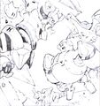 Concept art for Kirby: Planet Robobot featuring Kirby charging at Susie, where the Halberd is with him in the background