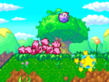 A Tappy gets tired of spinning and slows down, allowing the Kirbys to pummel it