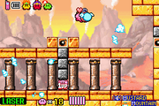 Kirby gets smooched by a Leap in Mustard Mountain.